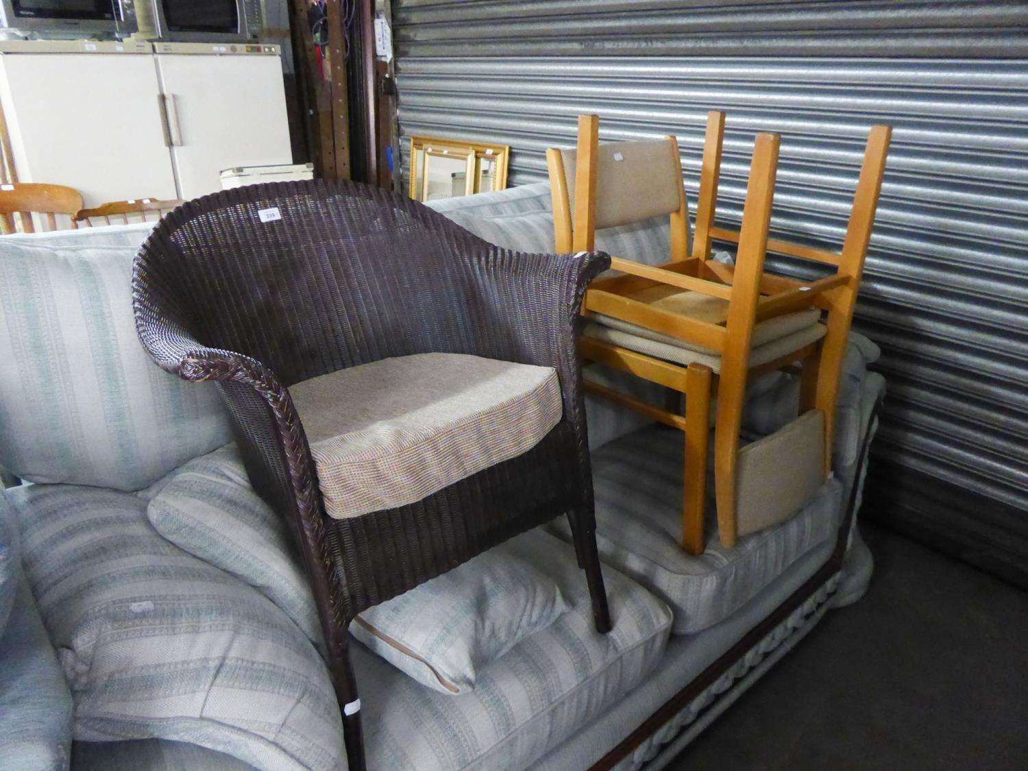 A PURPLE LLOYD LOOM TUB CHAIR; A LOOM OTTOMAN BOX AND A PAIR OF MODERN BEECH WOOD SINGLE CHAIRS (4)