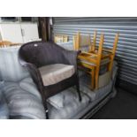 A PURPLE LLOYD LOOM TUB CHAIR; A LOOM OTTOMAN BOX AND A PAIR OF MODERN BEECH WOOD SINGLE CHAIRS (4)