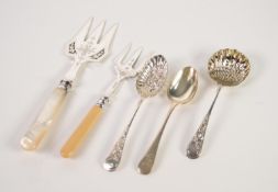 ELECTROPLATED BREAD KNIFE WITH MOTHER OF PEARL HANDLE, together with FOUR PIECES OF SERVING CUTLERY,