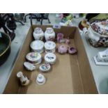 FOUR WEDGWOOD PINK AND WHITE JASPERWARE MINIATURE ITEMS AND TEN SMALL MINIATURE CHINA ORNAMETS BY