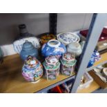 A SELECTION OF GINGER JARS, VARIOUS DESIGNS AND SHAPES AND A WEDGWOOD TWO HANDLED PEDESTAL BOWL, AND