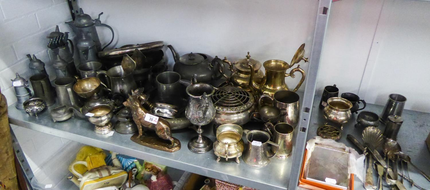 QUANTITY OF PEWTER TO INCLUDE; TEAPOTS, BOWLS, TANKARDS, ETC.... AND ALSO A QUANTITY OF ELECTROPLATE