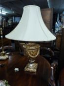 LARGE DECORATIVE POTTERY TABLE LAMP ON SQUARE BASE WITH SHADE (54cm high)