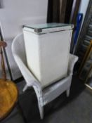 A WHITE LOOM ARMCHAIR AND MATCHING LINEN RECEIVER (2)