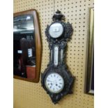 *EARLY TWENTIETH CENTURY WALL CLOCK, ANEROID BAROMETER AND THERMOMETER IN AN ORNATE CAST AND