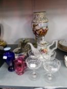 AN EDWARDIAN POTTERY CHEESE DISH, A CAPO-DI-MONTE STYLE VASE, A MODERN POTTERY TEAPOT, SIX E.P.