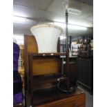 AN OAK STANDARD LAMP WITH SHADE AND AN OAK TWO TIER TEA TROLLEY (2)