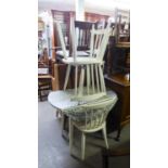 A CIRCULAR, FALL-LEAF TABLE, WHITE FINISH WITH PATTERNED FORMICA TOP AND A SET OF THREE WHITE FINISH