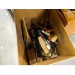 FIVE VINTAGE WOODEN PLANES VARIOUS TYPES AND OTHER WOODEN IMPLEMENTS, SPIRIT LEVEL ETC.,..