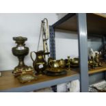 BRASS WARES VARIOUS TO INCLUDE; A SET OF BALANCE SCALES AND WEIGHTS, OIL LAMP, GOBLETS, CUPS, JUG,