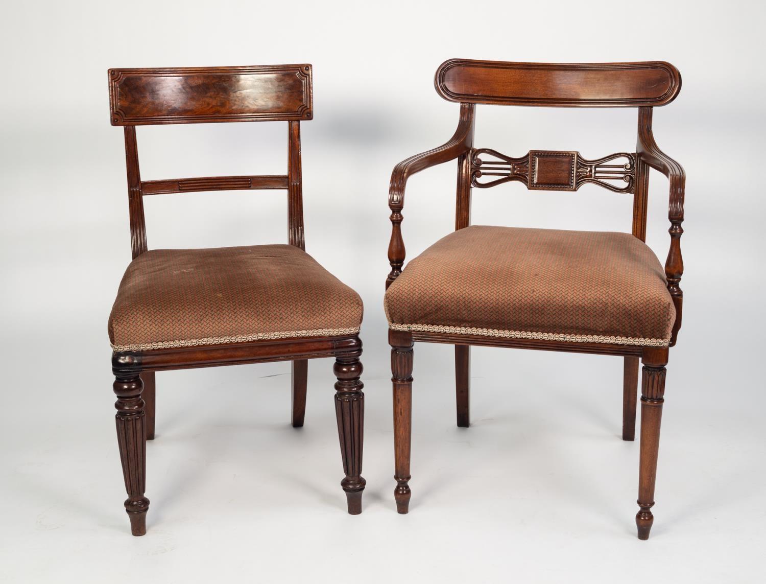 SET OF FIVE EARLY VICTORIAN MAHOGANY BAR BACK SINGLE DINING CHAIRS, each with flame cut top rail,