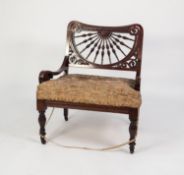 ARTS AND CRAFTS CARVED MAHOGANY AND STAINED FRUITWOOD OCCASIONAL/ NURSING CHAIR, the low back with