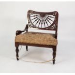 ARTS AND CRAFTS CARVED MAHOGANY AND STAINED FRUITWOOD OCCASIONAL/ NURSING CHAIR, the low back with