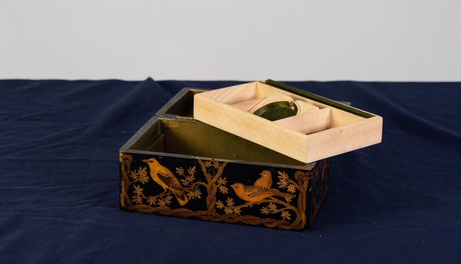 EARLY TWENTIETH CENTURY BLACK LACQUERED AND PENWORK DECORATED JEWELLERY BOX, of typical form the - Image 2 of 2