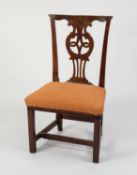 ANTIQUE COUNTRY ELM SINGLE DINING CHAIR, with pierced splat and padded seat, covered in red and