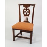 ANTIQUE COUNTRY ELM SINGLE DINING CHAIR, with pierced splat and padded seat, covered in red and