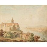 CONTINENTAL SCHOOL (Late 18th/early 19th Century) WATERCOLOUR DRAWING River landscape with a