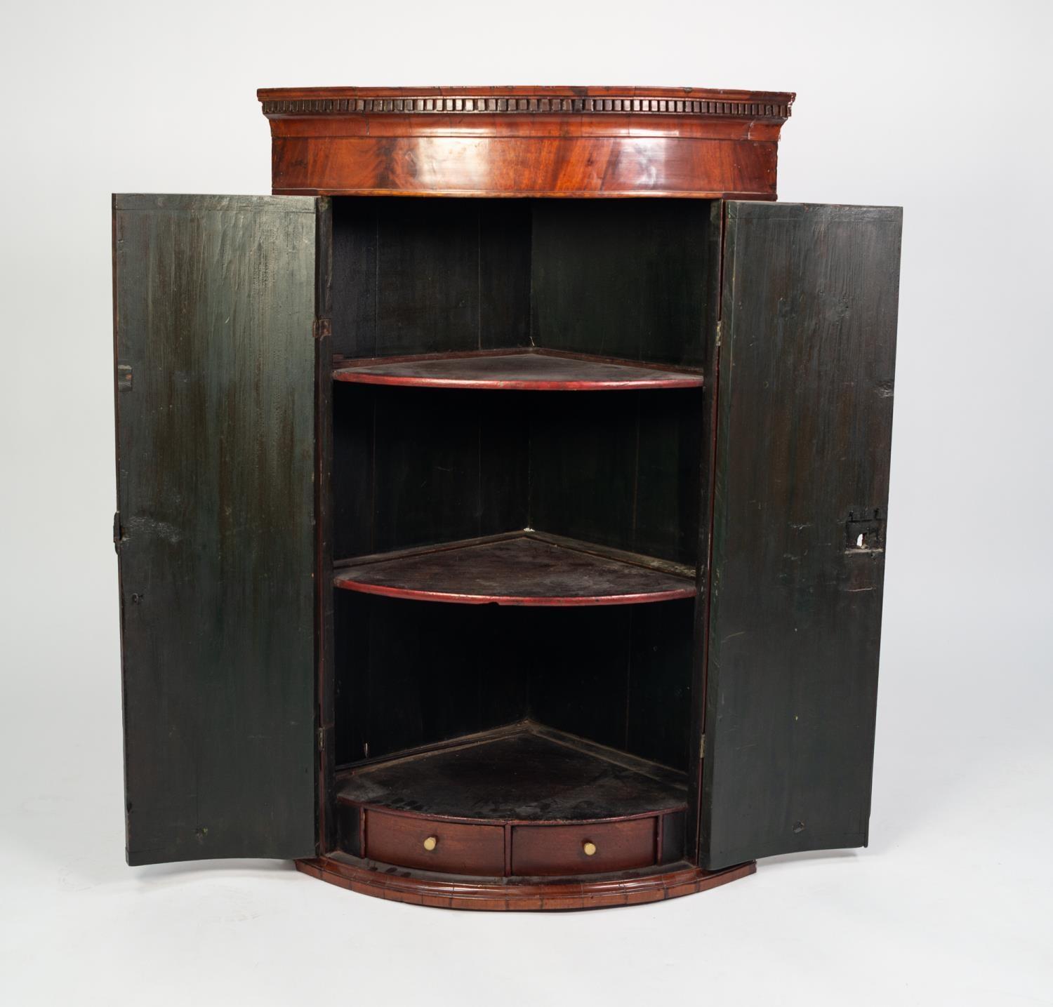 GEORGE III FIGURED MAHOGANY BOW FRONTED CORNER CUPBOARD, of typical form with dentil moulded - Image 2 of 2