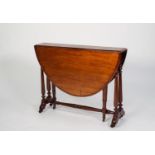 LATE VICTORIAN WALNUT SUTHERLAND TABLE, with demi lune drop leaves and end supports with twin