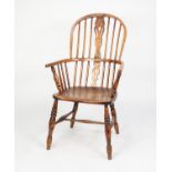NINETEENTH CENTURY ELM AND BEECH HIGH BACK WINDSOR OPEN ARMCHAIR, of typical form with pierced two