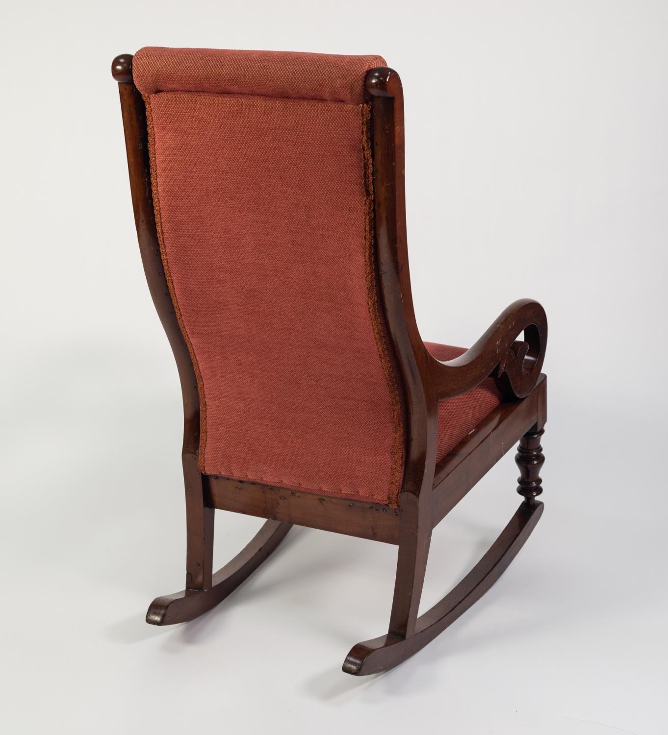 VICTORIAN MAHOGANY ROCKING CHAIR, the moulded show wood frame with buttoned, padded back and - Image 3 of 3