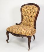 VICTORIAN CARVED MAHOGANY LADY?S CHAIR, the moulded and waisted back with floral cresting, enclosing