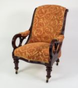 VICTORIAN CARVED MAHOGANY EASY OPEN ARMCHAIR, the moulded show wood frame with buttoned back and