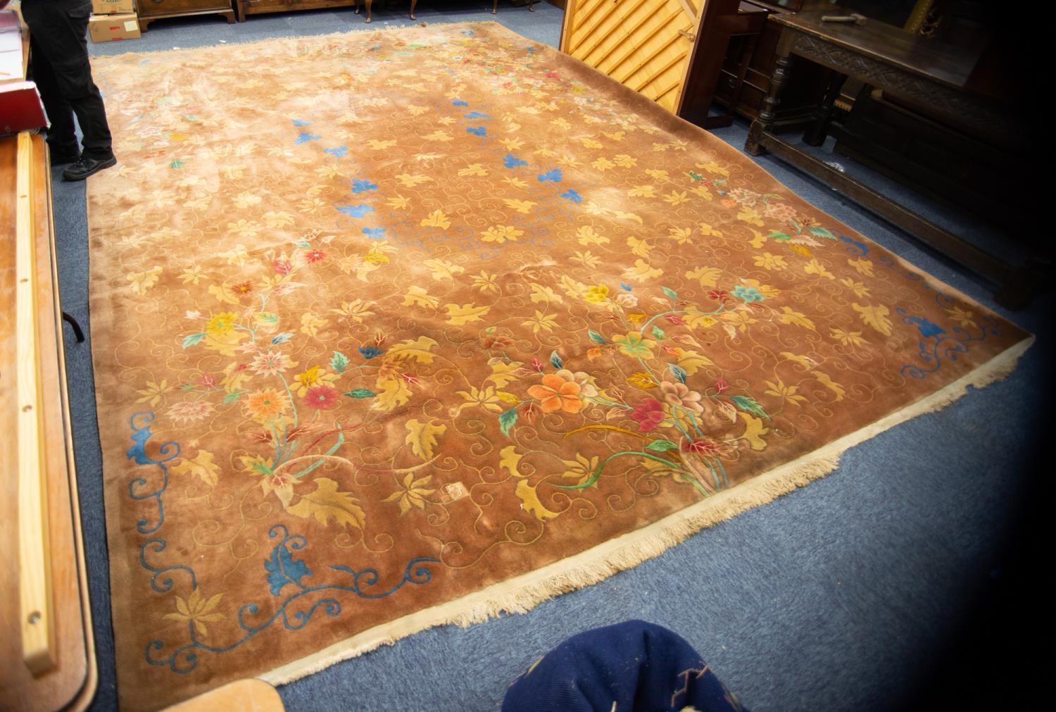 LARGE AND HEAVY QUALITY WASHED CHINESE CARPET with light brown field, having pattern of fine line