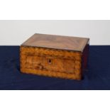 LATE VICTORIAN FIGURED WALNUT AND TUNBRIDGE BANDED SEWING BOX, of oblong form, the hinged cover with