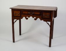 GEORGE III MAHOGANY CROSSBANDED OAK LOW BOY, the moulded top with in-turned fore corners and fall-