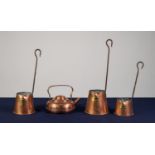 THREE GRAUDATED COPPER CIDER MEASURES with pouring lip and steel handle, also A SMALL COPPER TODDY
