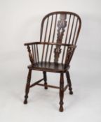 NINETEENTH CENTURY STAINED ELM AND FRUITWOOD HIGH BACK WINDSOR ARMCHAIR, the two part pierced