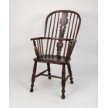 NINETEENTH CENTURY STAINED ELM AND FRUITWOOD HIGH BACK WINDSOR ARMCHAIR, the two part pierced