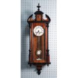 TWENTIETH CENTURY WALNUT AND EBONISED VIENNA STYLE WALL CLOCK WITH SPRING DRIVEN MOVEMENT, the two