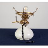 EDWARDIAN BRASS OIL LAMP PATTERN CEILING LIGHT, with opaque white glass shade and chain