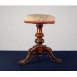 VICTORIAN CARVED ROSEWOOD PIANO STOOL, the circular, padded top, covered in orange and green