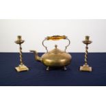 VICRTORIAN BRASS TODDY KETTLE of squat circular form with raised amber glass handle and on four