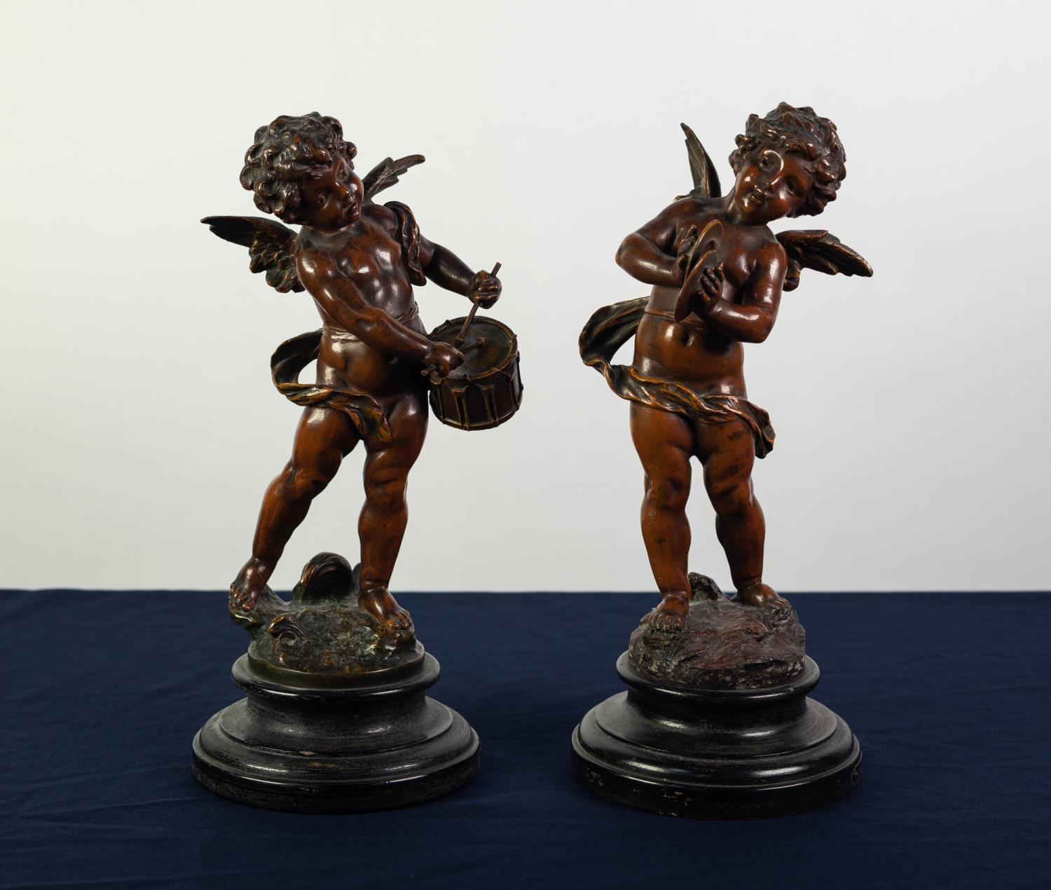 PAIR OF LATE 19th CENTURY FRENCH GOOD QUALITY BRONZED SPELTER FIGURES OF CHERUBS, one playing a