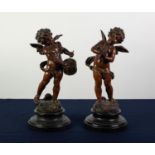 PAIR OF LATE 19th CENTURY FRENCH GOOD QUALITY BRONZED SPELTER FIGURES OF CHERUBS, one playing a
