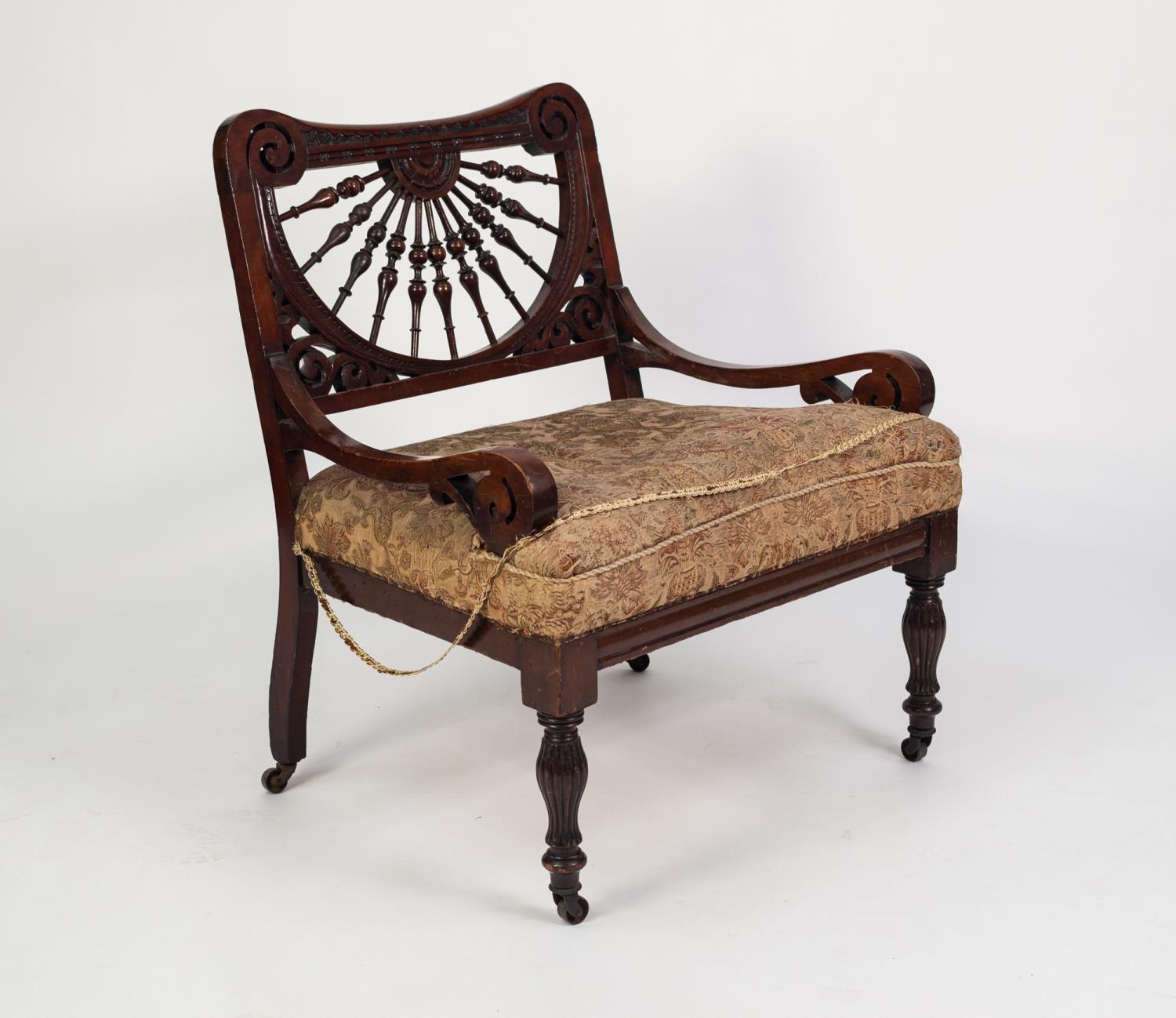 ARTS AND CRAFTS CARVED MAHOGANY AND STAINED FRUITWOOD OCCASIONAL/ NURSING CHAIR, the low back with - Image 3 of 4