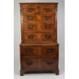 MODERN EIGHTEENTH CENTURY STYLE CROSSBANDED AND BURR WALNUT TALLBOY CHEST, the moulded top above two