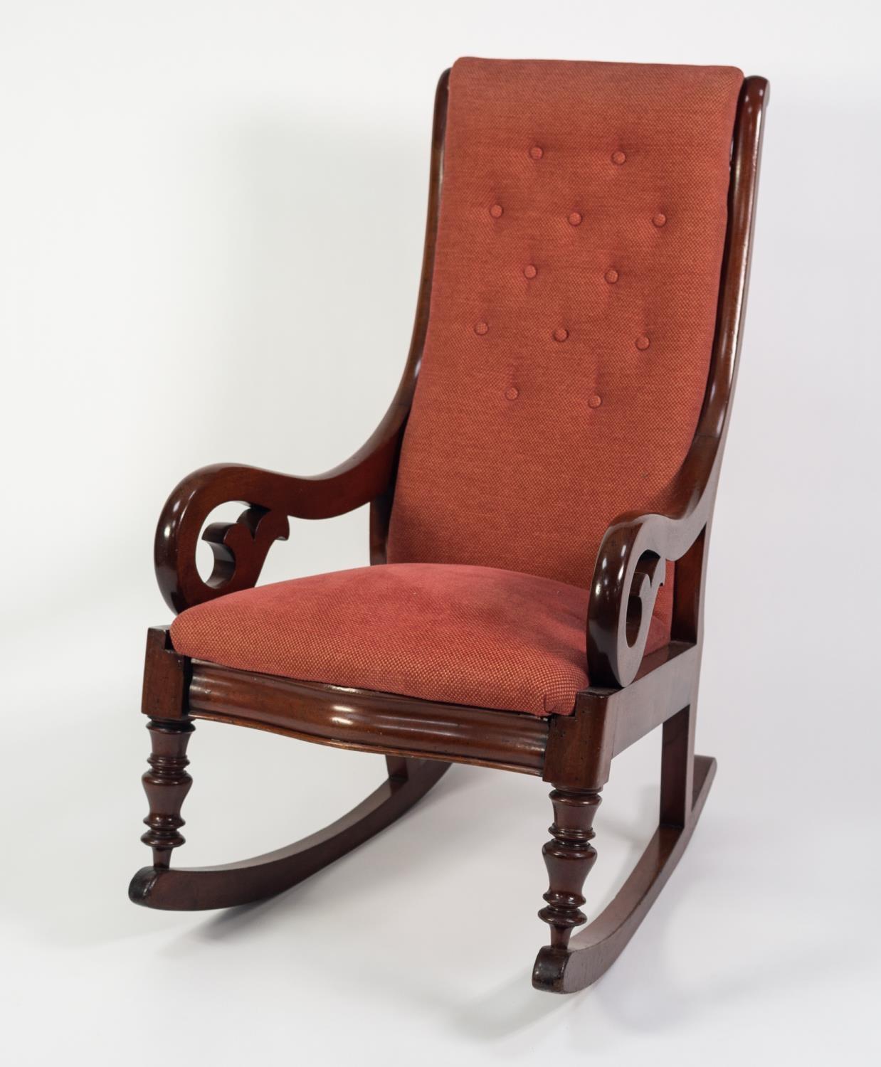 VICTORIAN MAHOGANY ROCKING CHAIR, the moulded show wood frame with buttoned, padded back and - Image 2 of 3