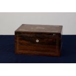 VICTORIAN ROSEWOOD AND MOTHER OF PEARL INLAID SEWING BOX, of typical form, the exterior with pin