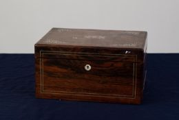 VICTORIAN ROSEWOOD AND MOTHER OF PEARL INLAID SEWING BOX, of typical form, the exterior with pin