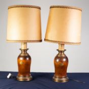 PAIR OF MODERN HEAVY TURNED WOOD TABLE LAMPS, with gilt metal collars and bases, and parchment