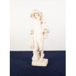 EARLY 20th CENTURY CARVED WHITE MARBLE FIGURE OF A YOUNG LADY HOLDING THE BRIM OF HER HAT and with