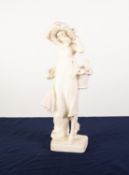 EARLY 20th CENTURY CARVED WHITE MARBLE FIGURE OF A YOUNG LADY HOLDING THE BRIM OF HER HAT and with