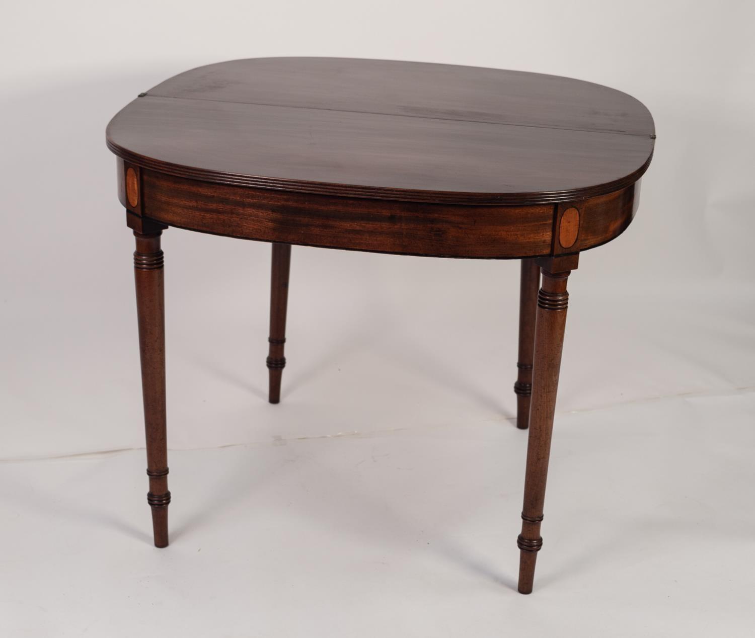 EARLY NINETEENTH CENTURY MAHOGANY FOLD-OVER TEA TABLE, the ?D? shaped top with reeded border, - Image 2 of 2