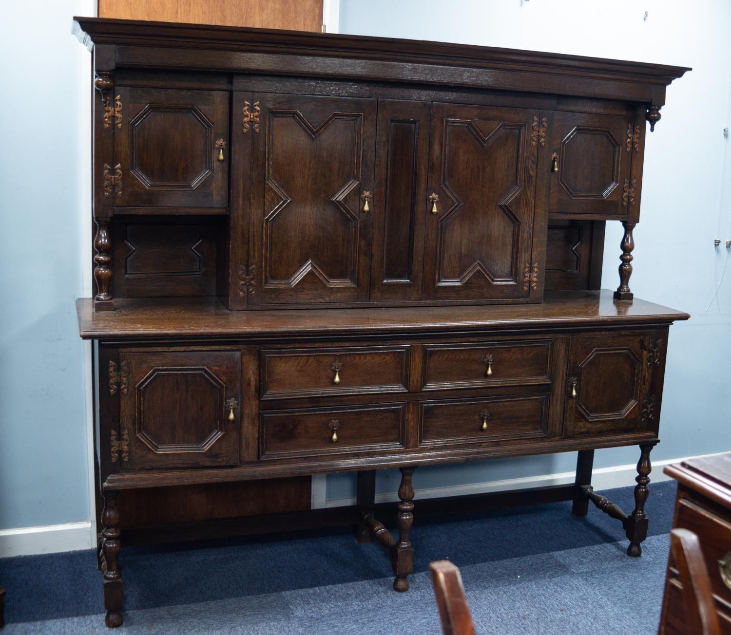 MID/ LATE TWENTIETH CENTURY JACOBEAN STYLE OAK LARGE SIDEBOARD, the canopy back with a central