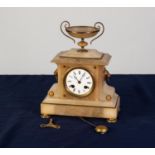 LATE VICTORIAN WHITE ALABASTER AND GILT METAL MANTEL CLOCK, of architectural form with two handle